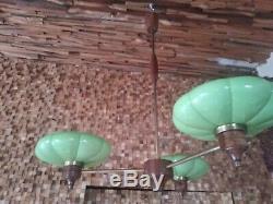 Art Déco Lampe De Plafond. 1920-1930. Original. 3 Globe Opaline Vert