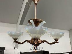 Art Déco Original Ezan Copper Chandelier 4 Bras Opalescent Icicle Glass Shades