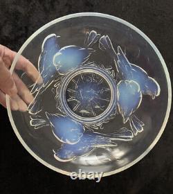 Art Déco années 1930 BOL DE CENTREPIÈCE EN VERRE OPALESCENT BLEU AVEC NIDS D'OISEAUX SIGNÉ EZAN