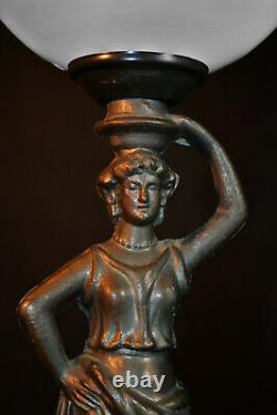 Art Rare Vintage 1940 Lampe Figural Bronze Déco Ombre Globe En Verre De Lait Opaline