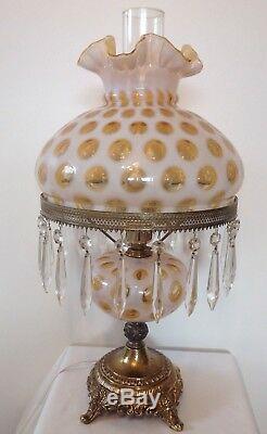Art Rare Vintage Fenton Verre Honeysuckle Opalescentes Coin Lampe Dot Avec Prismes