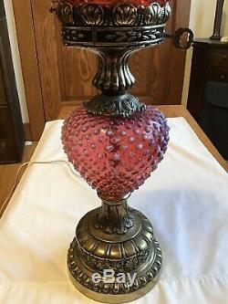 Art Vintage Fenton Verre Opalescent Cranberry Cloutés Lampe L9
