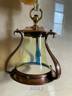 Artisanat D'art Antique Cuivre Vaseline Opalescent Uranium Lampe Lanterne D'ombre En Verre