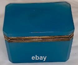 Belle Boîte Rectangulaire Antique Du 19ème Siècle En Opaline Bleue Avec Bronze Doré