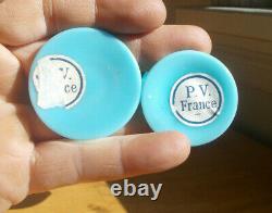 Blue Opaline Glass Portieux Vallerysthal Rare Étiqueté 3 Verres À Vin 1/2cordial