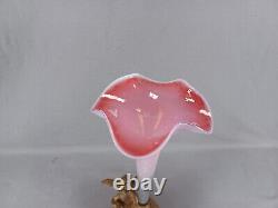 Bohemian Art Nouveau Cranberry Opalescent Swirl Gilt Ormolu Cherub Epergne Vase