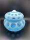 Bol à Bonbons Couvert En Verre Art Vintage Fenton Opalescent Bleu à Pois Rétro, Tel Quel