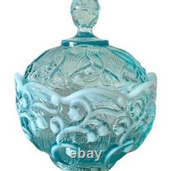 Bol à bonbons en verre d'art opalescent bleu aqua de la vallée des lys de Fenton