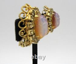 Boucles d'oreilles clip vintage en verre d'art opaline Hobe Scarabée Jonquille avec strass en filigrane