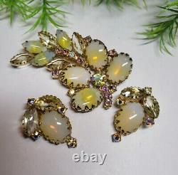 Broche et boucles d'oreilles en verre d'art opalin jaune JULIANA vintage avec cristaux AB Citrine