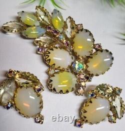 Broche et boucles d'oreilles en verre d'art opalin jaune JULIANA vintage avec cristaux AB Citrine