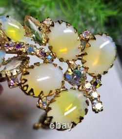 Broche et boucles d'oreilles en verre d'art opalin jaune JULIANA vintage avec cristaux AB Citrine