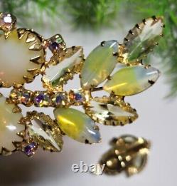 Broche et boucles d'oreilles en verre d'art opalin jaune JULIANA vintage avec cristaux AB Citrine