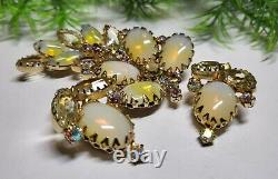 Broche et boucles d'oreilles en verre d'art opalin jaune JULIANA vintage avec cristaux AB Citrine