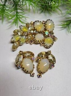 Broche et boucles d'oreilles en verre d'art opalin jaune JULIANA vintage avec cristaux AB Citrine