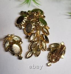 Broche et boucles d'oreilles en verre d'art opalin jaune JULIANA vintage avec cristaux AB Citrine