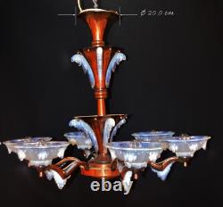 Chandelier art déco français Ezan Sabino 6 bras en verre opalescent avec des glaçons