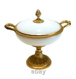 Continental White Opaline Gilt Bronze Mounted Double Handled Footed Lidded Bowl