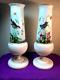 Ensemble Lot Pair Antique Victorian Bristol Vase 12 Oiseaux Peints À La Main Verre Opaline