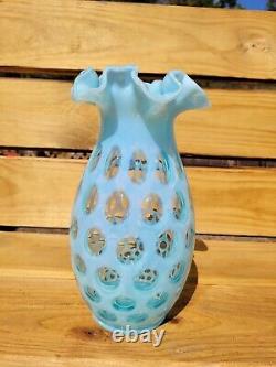 Exquise Vintage Fenton Bleu Opalescent Coin Dot Fluted Ruffled Vase 10 Tall