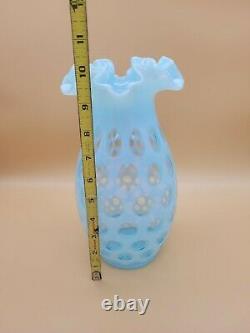 Exquise Vintage Fenton Bleu Opalescent Coin Dot Fluted Ruffled Vase 10 Tall