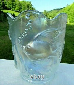Fenton 1990's French Opalescent Iridized Glass Atlantis Koi Fish Vase 6.5h