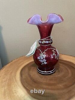 Fenton Art Glass 1997 Cranberry Opalescent Diamond Optic Vase Lmt Edition