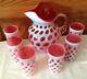 Fenton Art Glass Cranberry Opalescent Coin Dot Ice Lip Pitcher & 6 Tumblers
