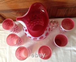 Fenton Art Glass Cranberry Opalescent Coin Dot Ice Lip Pitcher & 6 Tumblers