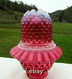 Fenton Art Glass Cranberry Opalescent Hobnail Lamp 3/pc Fairy Lamp