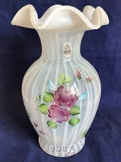 Fenton Art Verre Martha Rose Côtelée Opalescent Main Peinte 9 Vase