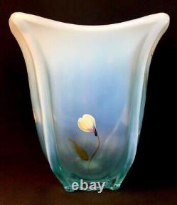 Fenton Art Verre Peint À La Main Sand Petales Aquamarine Vase Carré Opalescent