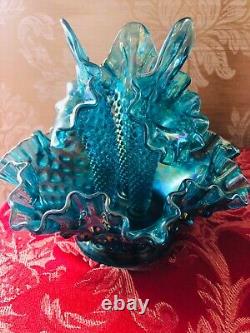 Fenton Bleu Profond/hobnail Opalescent Turquoise 3 Épergne De Corne