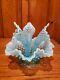Fenton Blue Moonstone Hobbail Opalescent 3 Corne Epergne Vase De Fleur De Verre D'art