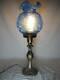 Fenton Cabbage Rose 25 Pillar Lamp Blue With Opalescent Ruffled Shade Brass Base
