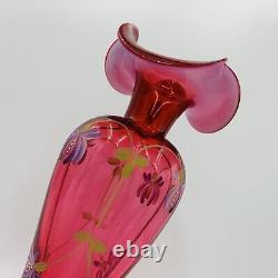 Fenton Cranberry Art Glass Tri Crimp Opalescent Rim HP Fuchsia Vase Floral 9h