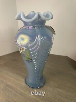 Fenton Iris Opalescent Misty Blue Satin Feather Vase Tag & Sticker 11 Signé