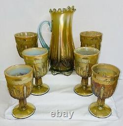 Fenton Levay Aqua Opalescent Carnivalcactus 7 Pc Pitcher-goblet Set