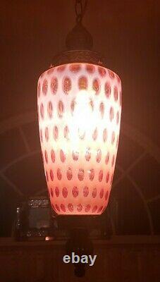 Fenton MID Century Cranberry Opalescent Coindot Hanging Swag Lamp