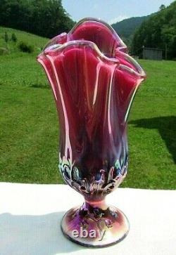 Fenton Plume Opalescent Iridisé Lily De La Vallée Mouchoir Vase 7,5h