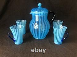 Fenton Rib Optic Blue Lemonade Lidded Pitcher And 4 Mug Cup Handle Opalescent