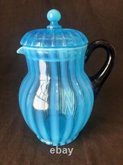 Fenton Rib Optic Blue Lemonade Lidded Pitcher And 4 Mug Cup Handle Opalescent