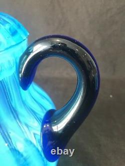 Fenton Rib Optic Blue Lemonade Lidded Pitcher And 4 Mug Cup Handle Opalescent