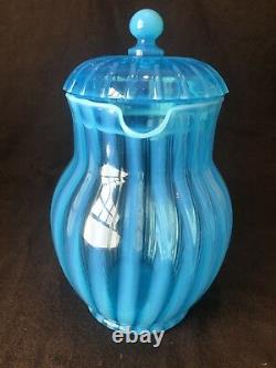 Fenton Rib Optic Blue Lemonade Lidded Pitcher And 4 Mug Cup Handle Opalescent