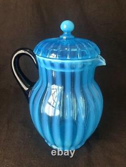 Fenton Rib Optic Blue Lemonade Lidded Pitcher And 4 Mug Cup Handle Opalescent