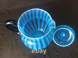 Fenton Rib Optic Blue Lemonade Lidded Pitcher And 4 Mug Cup Handle Opalescent