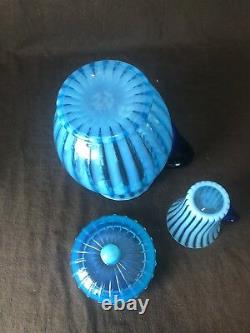 Fenton Rib Optic Blue Lemonade Lidded Pitcher And 4 Mug Cup Handle Opalescent