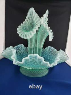 Fenton Sea Blue Hobnail Opalescent Art Glass Flower Epergne Urn 12w 11h Vtg