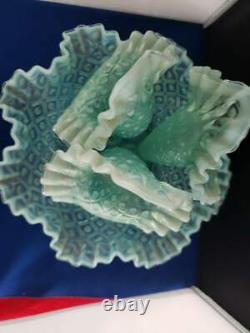 Fenton Sea Blue Hobnail Opalescent Art Glass Flower Epergne Urn 12w 11h Vtg