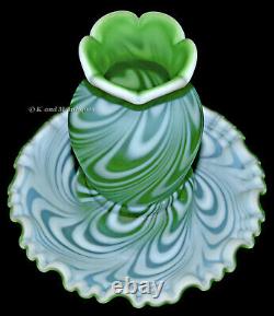 Fenton Swirled Feather Green Opalescent Satin #2090 Fairy Lamp / Lumière